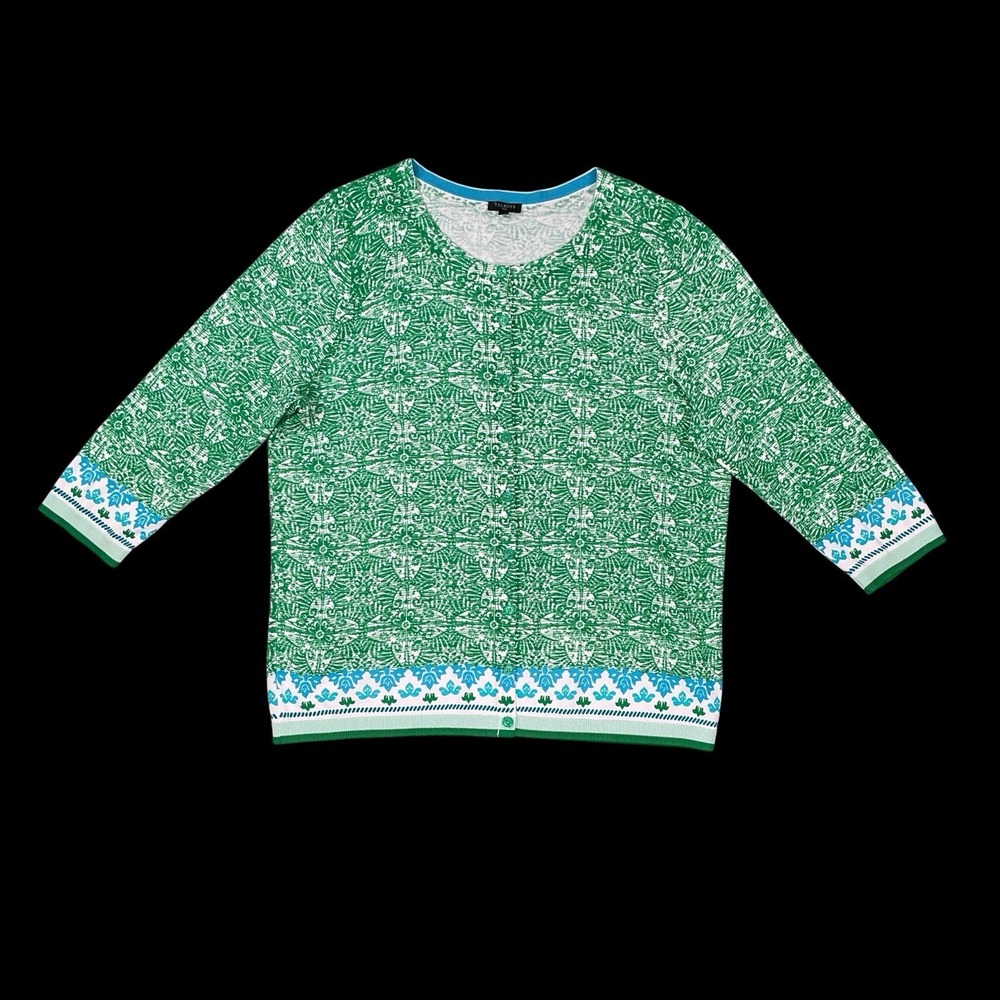 Talbots Cardigan Women 1X Green White Floral 3/4 Sleeve Button Down
